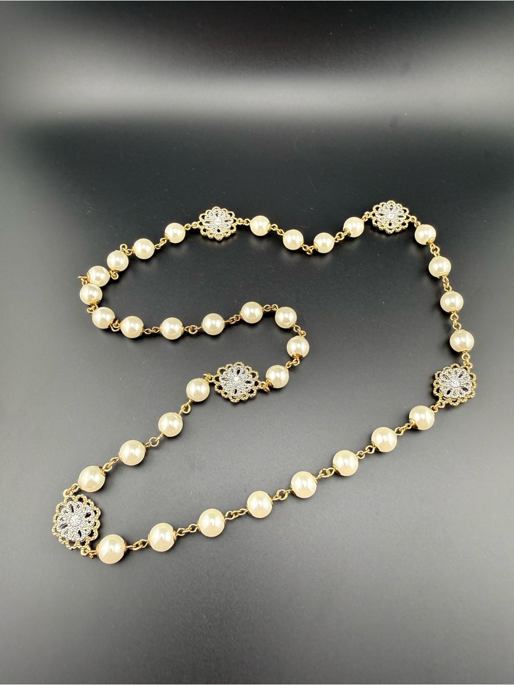 Elegant Gold Pearl Station Necklace with Filigree Accents